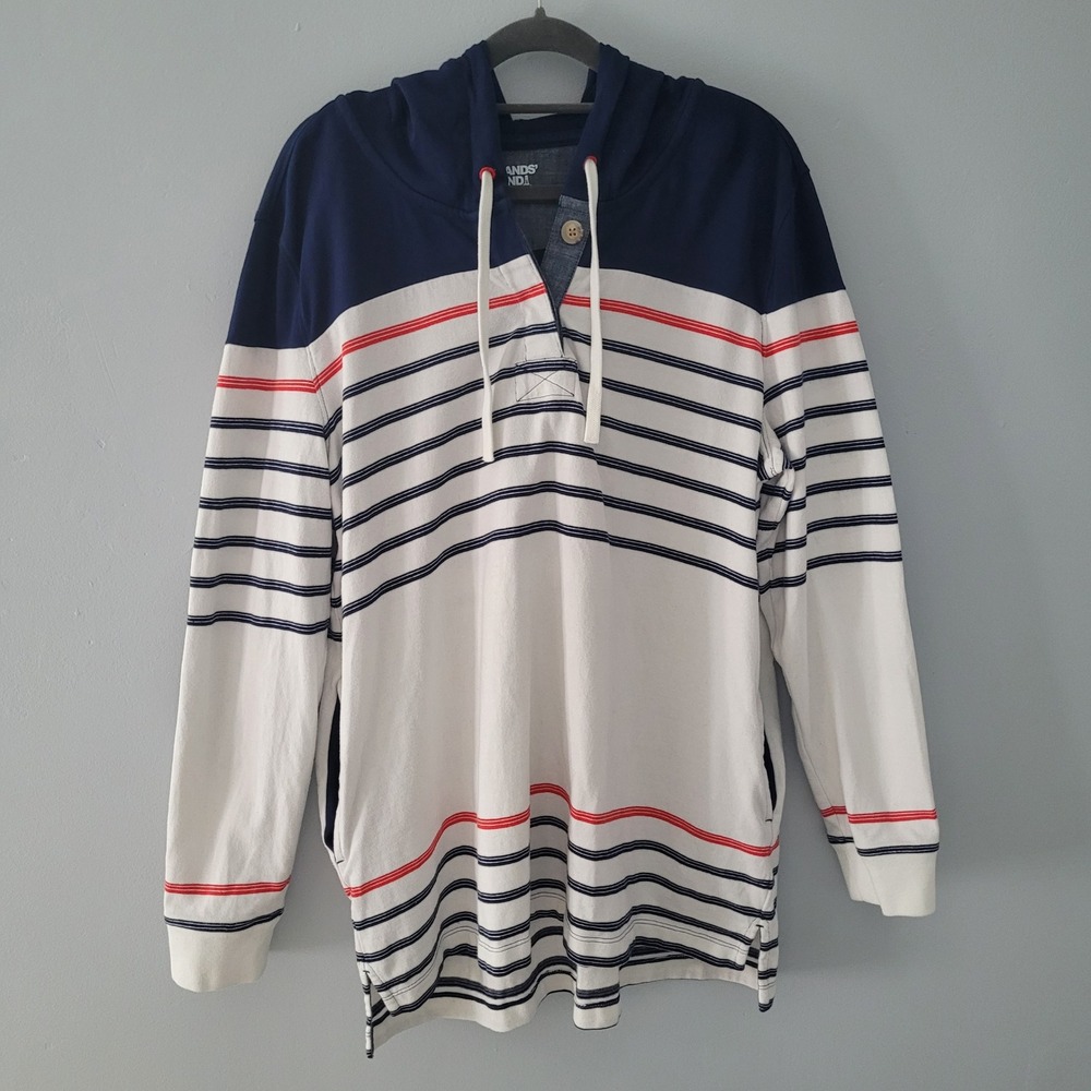 Lands End Womens Hoodie T Shirt Large Nautical Striped‎ Henley Long Cotton Top